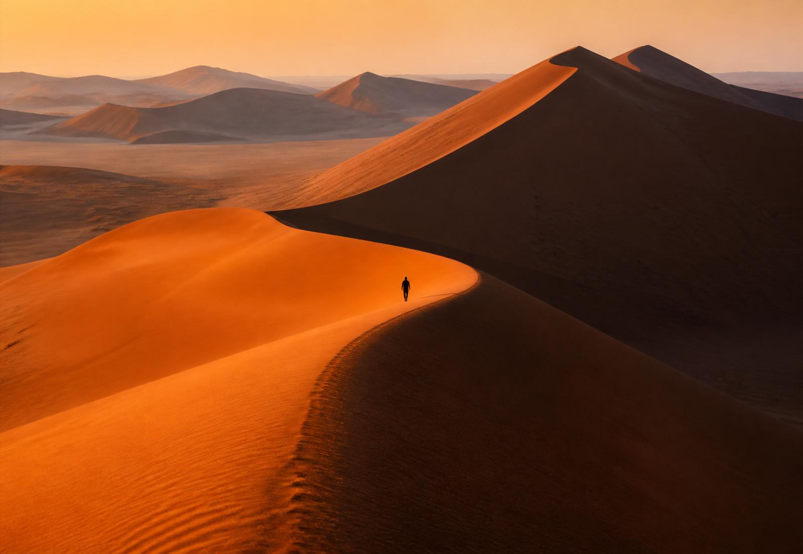 Dunas alaranjadas da Namíbia com viajante solitário